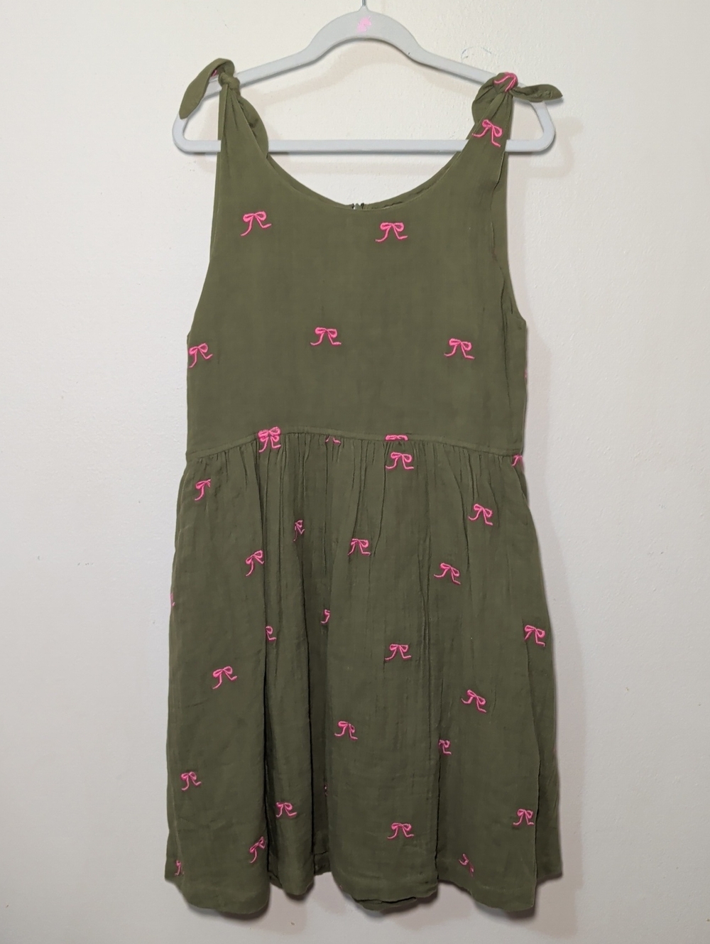 Pink Chicken Taylor Dress Olive Bows Print Green Pink Tie Shoulder Girls Size 12